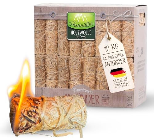 Heumüller Holzwolle Premium Holzwolle-Anzünder 10 kg (ca. 800 Stück) | Öko-Anzünder aus Holzwolle & Wachs | Lange Brenndauer & geruchsneutral | Ideal für Kamin, Grill & Feuerstellen