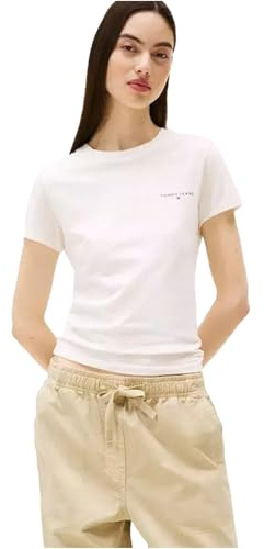 Tommy Jeans Damen T-Shirt Kurzarm Slim Linear Rundhalsausschnitt, Elfenbein (Ancient White), XL