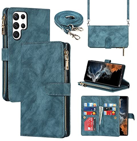 CAVOR Handykette Handyhülle Kompatibel mit Samsung Galaxy S22 Ultra Hülle Mit Band,Flip Leder Geldbörse Handytasche,[9 Kartenfach][Mit Kette],Umhängeband Klapphülle - Hellblau
