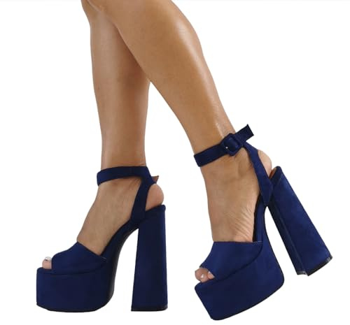 Sandali con Tacco Alto da Donna | Sandali con Plateau in Pelle Scamosciata Vintage Blu Navy | Tacco Spesso per Ballo di fine Anno, Festa di Laurea, Eventi Formali
