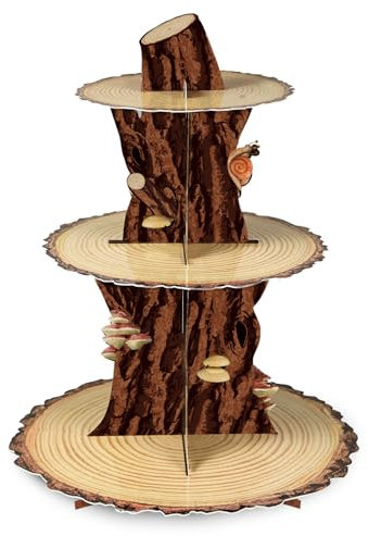Namalu Wooden Cupcake Stand Decorations Woodland Baby Shower Decorations 3 Tier Wood Rustic Birthday Party Cardboard Cake Holder Tower for Jungle Animal Lumberjack Safari Party Supplies (Wood Piles)