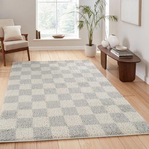 Chester Checkered Soft Shaggy Living Room Area Rug, Grey, 120x170cm