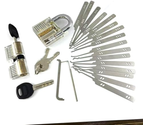 QiDAi 18pcs Rake Lock Pick Hook,Professional Locksmith Open Tools and Beginner Practice Kit (Tool with 2pcs Locks)