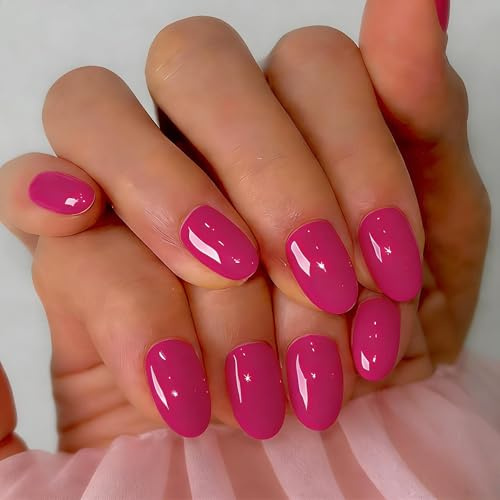 SXVME Soft Gel Press On Nails Short, 32 Pcs 16 Sizes Sheer Hot Pink Short False Nails Press ons Oval, Reusable Artificial Nails, Natural Fushia Almond Stick On Nail for Women Summer