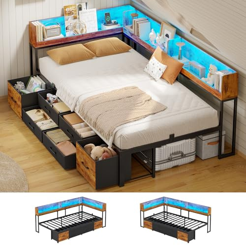 Bett 90x190 mit Stauraum Schlafsofa mit Integriertem Bücherregal & 6 Schubladen,Jugendbett mit LED-Beleuchtung & Ladestation Gästebett Tagesbett Bettgestell mit Lattenrost(Vintage Braun, 90x190cm)