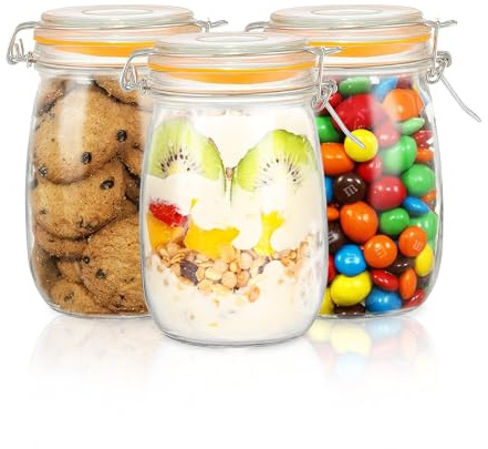 LLHONG Airtight Glass Jar with Metal Clip Lid, 1L Glass Jars with Lids | Pickling Jars with Silicone Seal | Large Mason Jar for Pasta Coffee Beans Jam Nut Chutney Pickling Kitchen Organisation