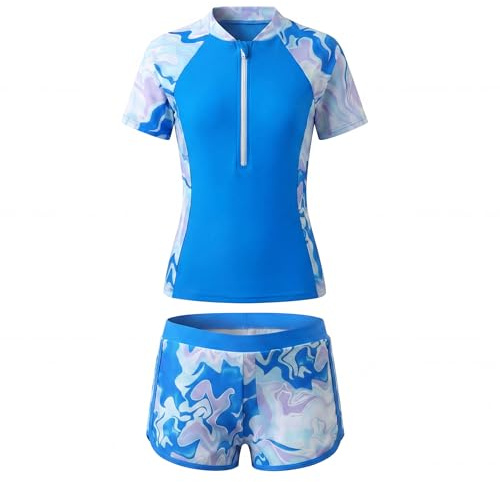 Keyck Baddräkt för flickor tvådelad baddräkt kortärmad dragkedja utslag skydd med shorts solskydd snabbtorkande sommar strand surfing badkläder blommigt tryck baddräkt för barn 5-14 år