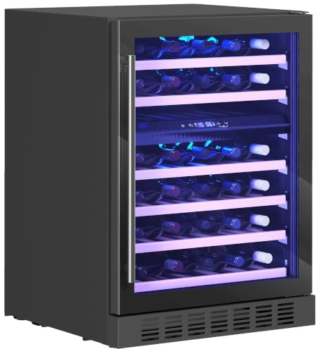 HOMCOM Cantinetta Vino Doppia Temperatura 46 Bottiglie 131L Silenziosa | Cantina Vino Frigo Bar Refrigerata Sottopiano, 5-18℃, Triplo Vetro Anti UV, Ripiani Regolabili Legno, Display Touch, LED