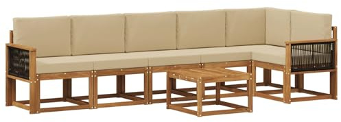 vidaXL Outdoor-Sofagarnitur mit Kissen 7 pcs Natur und Beige Polyester, Modernes Garten-Sofa Set, wetterfestes Möbel, Sektional für die Terrasse, Akazienholz, Entspannung im Freien