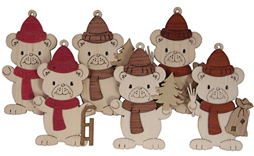 Kuhnert Drechslerei Schmuckanhänger/Baumschmuck - Motiv: Weihnachtsteddy im 6er Set - Höha: ca. 7 cm - Made in Germany