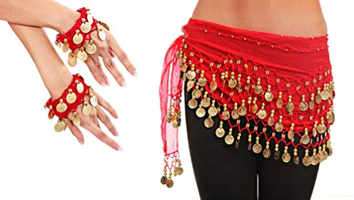 Belly Dance Bauchtanz Kostüm in rot Hüfttuch inkl. ein paar Handketten Münzgürtel Fasching Karneval