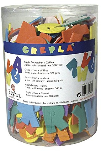 RAYHER 3383649 Crepla-Buchstaben und Zahlen, selbstklebend, Dose circa 300 Teile, gemischt