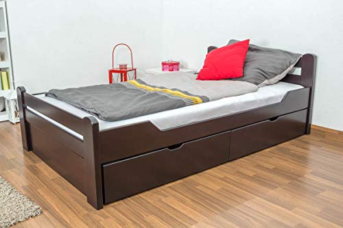 Jugendbett Easy Premium Line K4 inkl. 2 Schubladen und 1 Abdeckblende, 120 x 200 cm Buche Vollholz massiv Schokobraun
