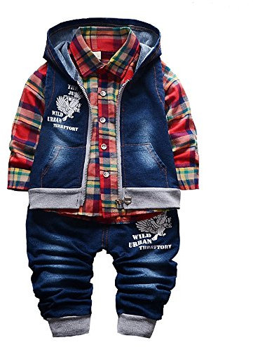 Yao Spring Autumn Little Boys 3pcs Clothing Set Cotton Shirt Jeans Denim Vest(Red,3-4Y)