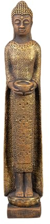 gartendekoparadies.de Massive Steinfigur thailändische Mönch Buddha Statue, Höhe 68 cm, Gewicht 8 kg, Frostsicher aus Steinguss, Gold