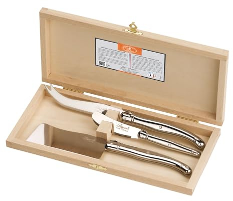 Jean Dubost Laguiole 3-Piece Cheese Knife Set, Stainless Steel Handles - Rust-Resistant Stainless Steel - Includes Wooden Box - Made in France