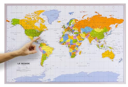ORBIT Globes & Maps - Carte du monde - Carte du monde en liège sur tableau d'affichage avec cadre en bois (argenté) 90 x 60 cm, français avec petits drapeaux et épingles et matériel de fixation