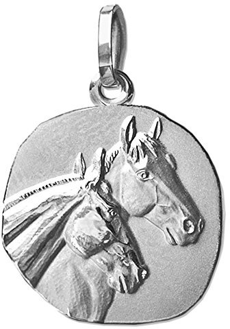 CLEVER SCHMUCK Silberner Damen Pferd Anhänger rund als Medaille Ø18mm 2 Pferdeköpfe teilmatt 925 Sterling Silber in Geschenkfaltbox