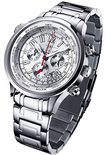 FIREFOX WORLDTIMER FFS40-104 Sunray Silber Weltzeitanzeige Chronograph Herrenuhr Armbanduhr Sicherheitsfaltschließe massiv Edelstahl wasserdicht Miyota OS20 Werk