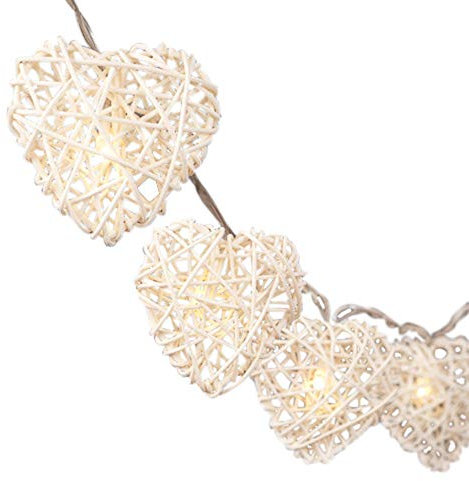 Blaze On Wicker Heart Fairy Lights (Natural Cream) – 20 Warm White LED Lights – Hand-Woven Wicker Hearts Made from Natural Rattan – USB Powered with UK 3-Pin Adapter – Indoor Decorative String Lights