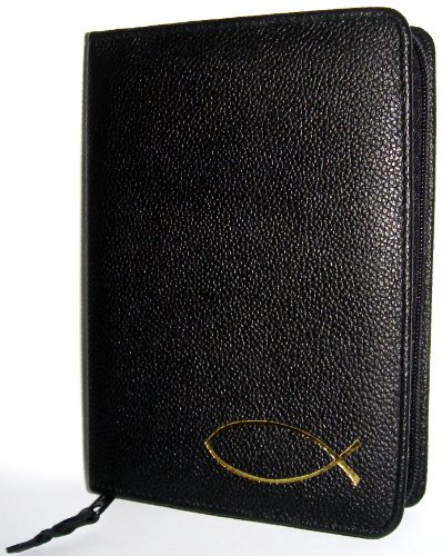 Gebetbuchhülle/Gotteslobhülle für Gotteslob NEU - alle Bistümer, schwarz, mit Goldprägung Fisch, echt Leder