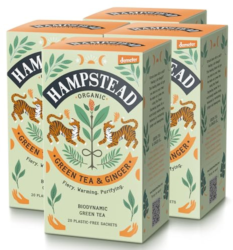Hampstead Organic Green Tea and Ginger Tea Bags (4 x 20) | 100% Organic, Plastic-Free Compostable Sachets