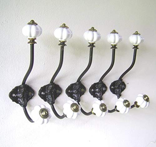 Unbekannt 5 GARDEROBENHAKEN Porzellan Messing ANTIK Nostalgie LANDHAUSSTIL Garderobe NEU