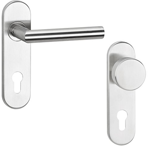 Feuerschutz Kurzschild Knopf - Drückergarnitur Türbeschlag FS - BASIC 1802 | Türdrücker-Garnitur - Profilzylinder | Edelstahl matt | FEUERSCHUTZ DIN 18273 | 1 Set - Bandschutz-Beschläge PZ 72 mm