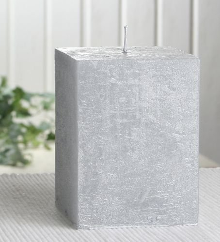 Rustik-Stumpenkerze, viereckig, 10x7,5x7,5 cm Ø, Silber-metallic