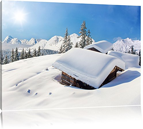 Pixxprint Verschneite Berghütten in den Alpen, Größe: 60x40cm, Leinwandbild, fertig gespannt, Wandbild, Dekoration, Kunstdruck, kein Poster