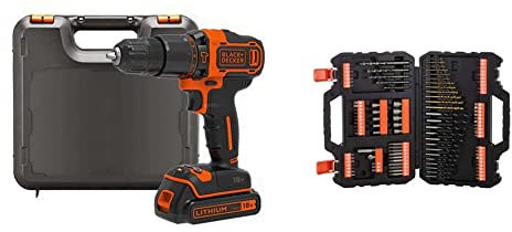 BLACK+DECKER BDCHD18K-QW - Taladro percutor 18V, 2 velocidades, incluye batería de litio 1.5Ah y maletín + A7200-XJ - Juego de 109 piezas para atornillar y taladrar
