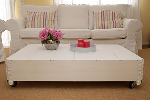 Uncle Joe´s Couchtisch im Vintage Shabby chic Style aus Massiv-Holz in Weiss mit Rollen Holzkiste Beistelltisch Landhaus Wohnzimmertisch Holztisch weiß