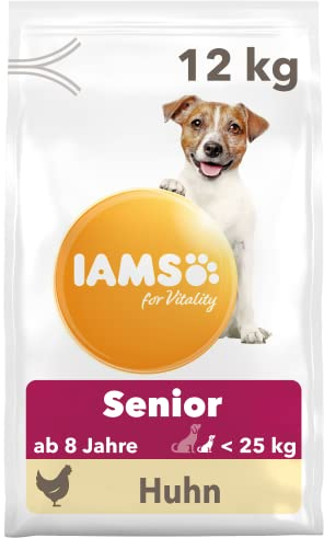 IAMS Senior Hundefutter trocken mit Huhn - Trockenfutter für ältere Hunde ab 8 Jahre, geeignet für kleine und mittelgroße Hunde, 12 kg