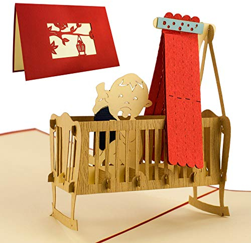 Karte zur Geburt, elegante Glückwunschkarte als Geschenk für ein Baby, Baby Geburt Karte, Kinderwiege, rot, Pop-Up Karte, Baby cards, G09.1