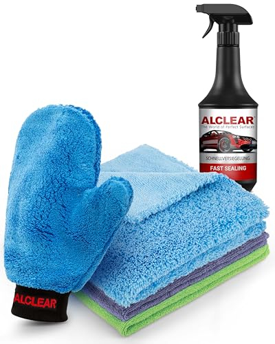 ALCLEAR 8201050 - Set di rivestimenti per auto per una profonda lucentezza, con vernice e dischi, panno per lucidatura, rivestimento della vernice, guanto per cerchioni, panno per abitacolo