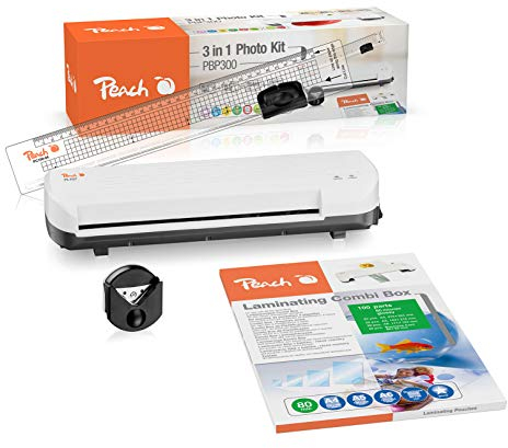 Peach 4 in 1 Laminierset inklusive Laminiergerät, Eckenrunder, Rollenschneider und Folien - für Heim und Büro - geeignet für alle handelsüblichen Folien in allen Größen bis max. A4, Weiß - PBP300