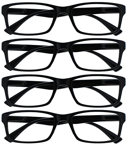 OPULIZE PEP Lesebrille für Damen und Herren - 4er Pack - Große Rechteckige Brille - Komfortable Federscharniere - Kratzfest - Schwarz +2.00