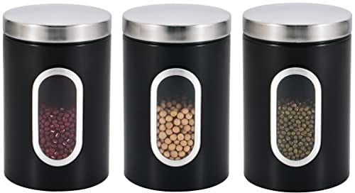 Royal Cuisine 3 Piece Stainless Steel Black Glass Front Tea Coffee Sugar Canister Set of 3