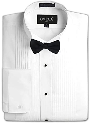OmegaTux Mens Formal Wing Collar Tuxedo Shirt, 1/4 Pleat White (OMTX500-16.5-35)