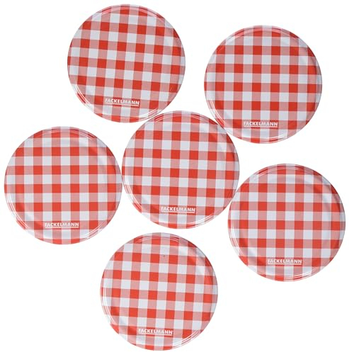 Fackelmann Twist-Off-Deckel Karo Ø 8,5 cm, Marmeladendeckel aus Weißblech, Schraubdeckel für handelsübliche Gläser (Farbe: Rot/Weiß), Menge: 6 Stück