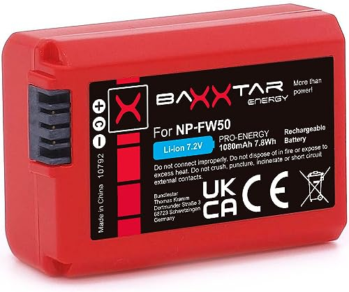 Baxxtar Pro NP-FW50 Akku (echte 1080mAh) mit Infochip - ZV-E10 I Alpha 5000 5100 6000 6100 6300 6400 6500 NEX 3 5 6 7 Alpha 7 7II 7R 7RII 7S II III A33 A35 A37 A55 A3000 CyberShot DSC RX10 ..