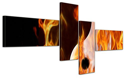 Bilderdepot24 Bild auf Leinwand | Yin und Yang im Feuer in 140x65 cm 4 tlg. als Wandbild XXL | Wand-deko Dekoration Wohnung modern Bilder | 170670