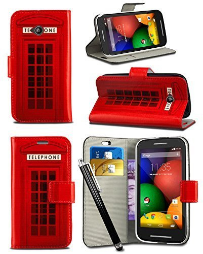 London Gadget Store Case Compatible with Apple iPhone 4 / 4S - New Bright Printed Wallet Case Cover Creative Fresh Pattern Design with Integrated Stand & Large STYLUS Pen - Red Telephone Booth Box
