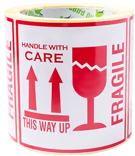 OliveBird 250 Aufkleber Fragile. This Way Up. Handle With Care, Etiketten, groß 10 x 10 CM White-red - 250 Stück
