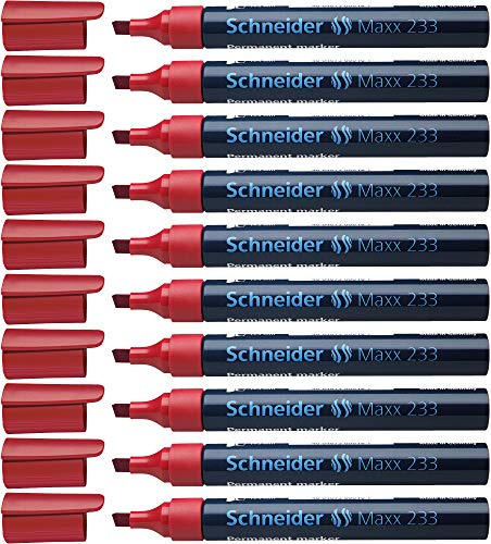 Schneider Maxx 233 Permanent-Marker mit Keilspitze (nachfüllbar, Cap-Off-Ink, Aluminiumschaft, 1 - 5 mm) 10er Packung rot