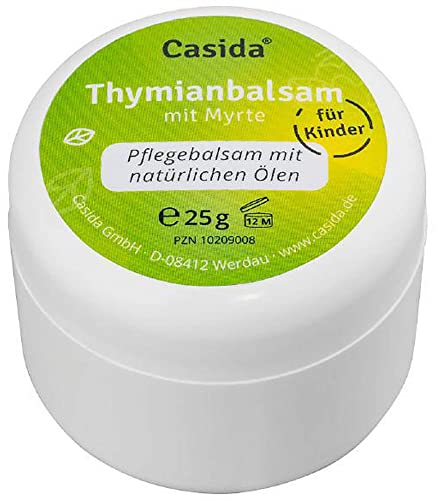 Casida Thymianbalsam mit Myrte für Kinder, Wohltuender Pflegebalsam in Apothekenqualität, Von Hebammen empfohlen, Ohne Konservierungsstoffe, Mit naturreinen Ölen - Thymian Myrte Balsam 25 g