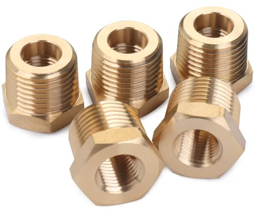 LTWFITTING Brass Pipe 1/2-Inch Male BSPT x 1/4-Inch Female BSPP Hex Bushing Reducer Fittings Fit for Steampunk Sconce, Water Temp Sensor (Pack of 5)