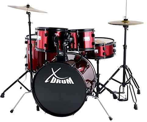 XDrum Rookie 20 Studio Schlagzeug Komplettset Ruby Red - Ideal für Einsteiger - Stylische Hardware in schwarz - Inkl. Drumsticks, Aufbauanleitung und Schlagzeugschule - Rot