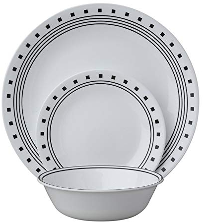 Corelle Vitrelle Glass 12-Piece City Block Chip and Break Resistant Dinner Set, Black - 3990B