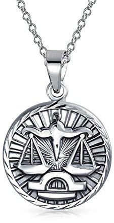 Bling Jewelry Libra Zodiac Sign Astrology Horoscope Round Medallion Pendant For Men Women Necklace Antiqued Sterling Silver